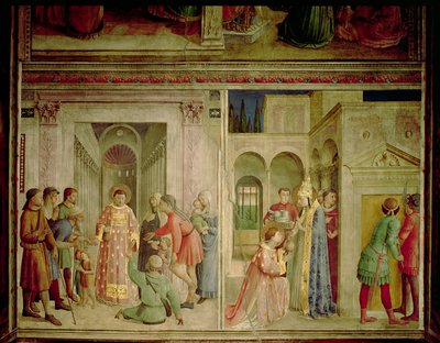San Lorenzo riceve i tesori della Chiesa e San Lorenzo distribuisce elemosine da Fra Angelico